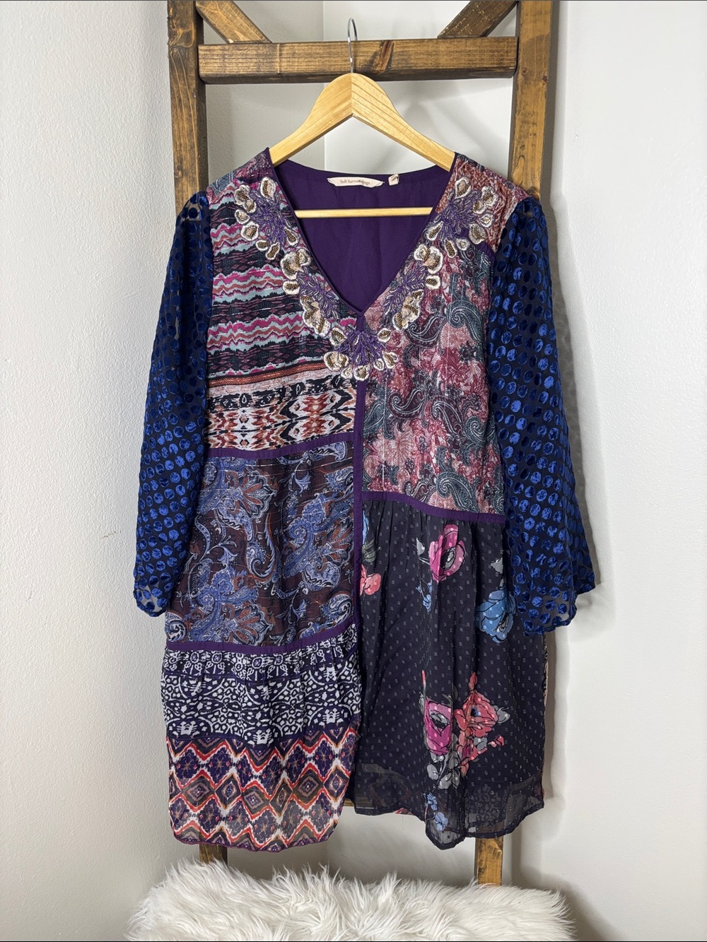 Soft Surroundings Purple Multi Boho Patchwork V-Neck Dress Size L